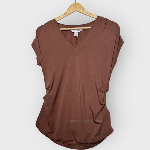 Athleta Outbound V Neck Top Small Rustic Beige Cap Sleeve Ruched Stretch - Picture 1 of 6